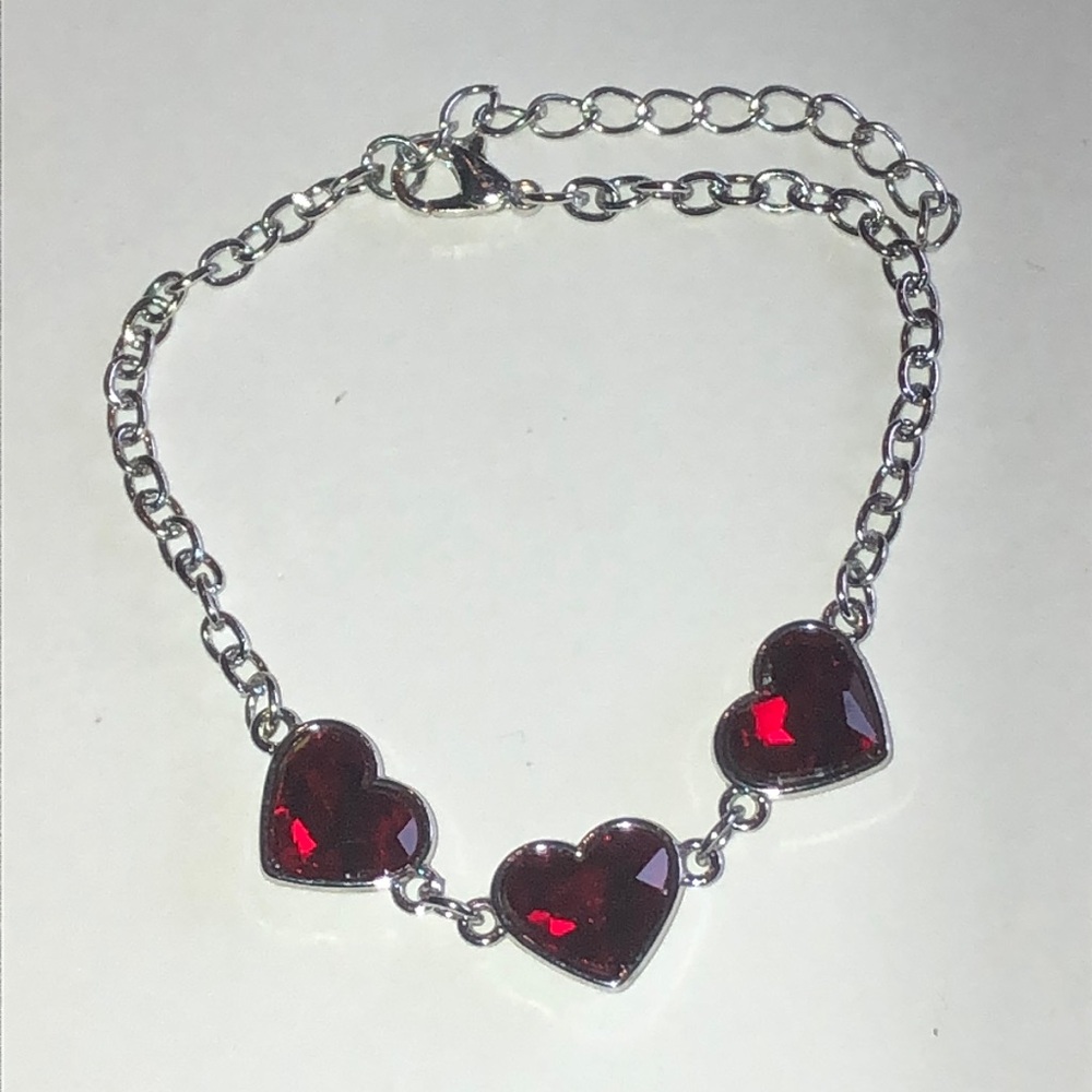 Silver Tone Chain Bracelet with Red Heart Stones